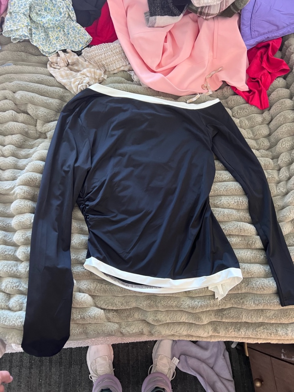 Princess Polly Black Long-Sleeve Boatneck Top with White Trim
